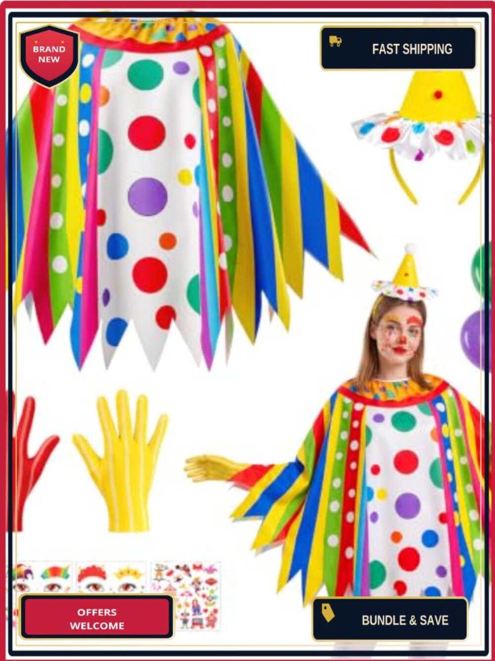 Clown Costume Poncho Cape Hat Gloves Red Nose Cosplay Accessory Set